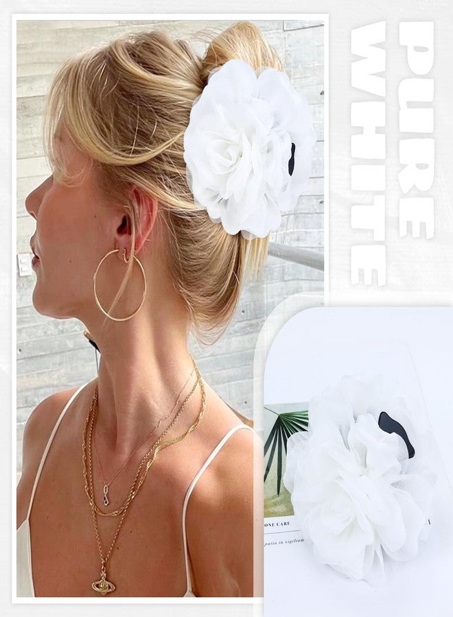 Dizila 3 Pieces Large Tulle Rose Flower Hair Claws Clips Floral Bun Updo Holders Hair Barrettes Headpieces for Women Girls (White+Gray+Black) - Image 5